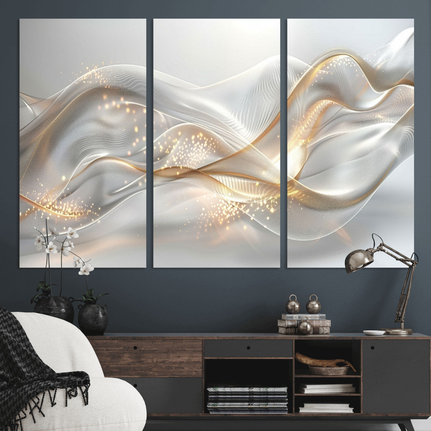 -Abstract art Grey and Gold Lines Wall Art
