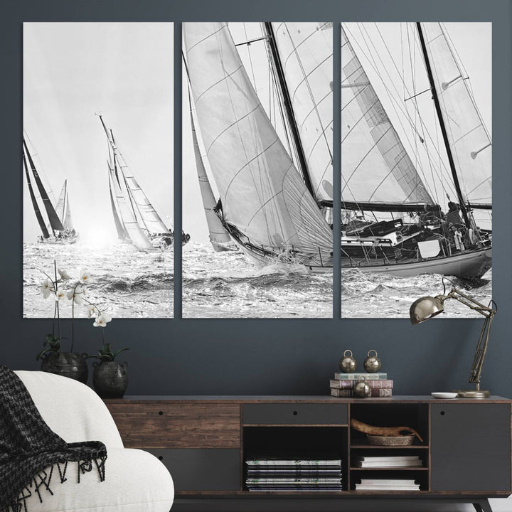 Yacht Sailboat Regatta canvas print on a textured wooden wall.