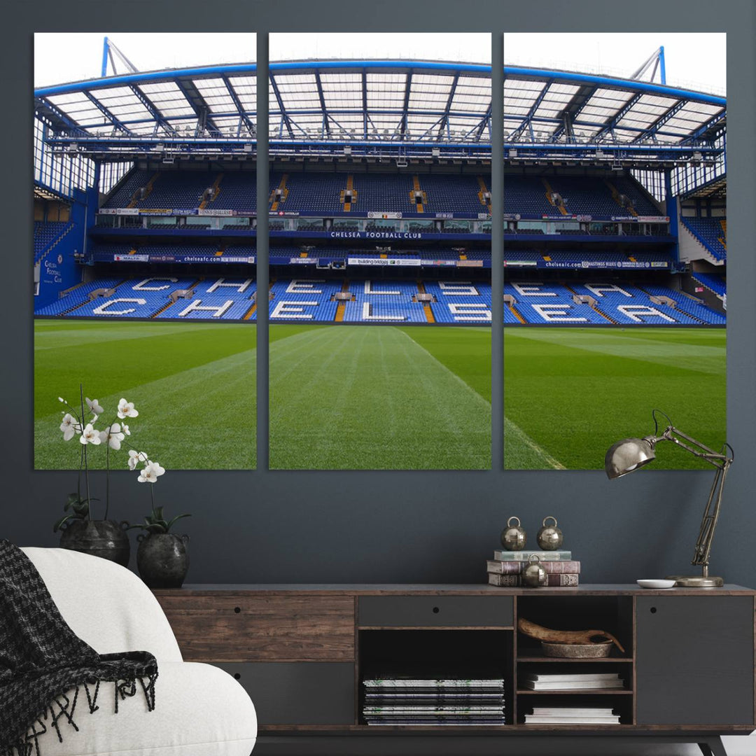 The wall art features a Chelsea FC Stamford Bridge Stadium canvas print.