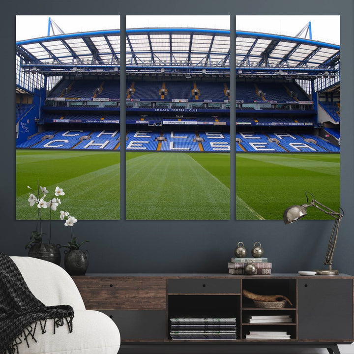 The wall art features a Chelsea FC Stamford Bridge Stadium canvas print.