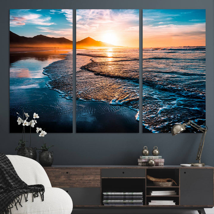 The Sunset Beach Ocean Canvas Wall Art – Tranquil Reflections at Dusk enhances the ambiance with its captivating depiction of serene ocean views at dusk.