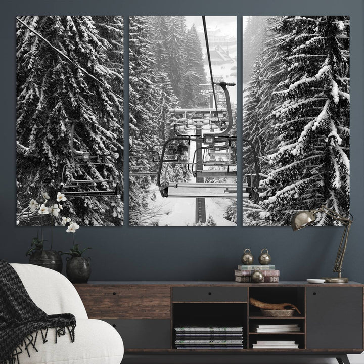 The Winter Ski Lift Canvas in minimalist style adds a unique touch to the dining room.