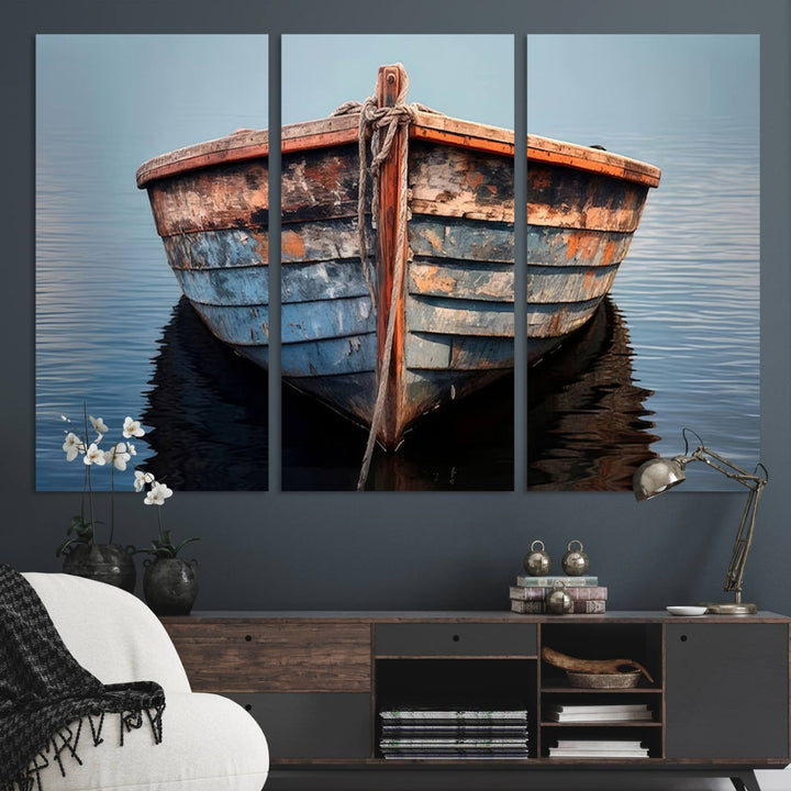 Stunning vintage boat canvas print featuring a calm water scene.