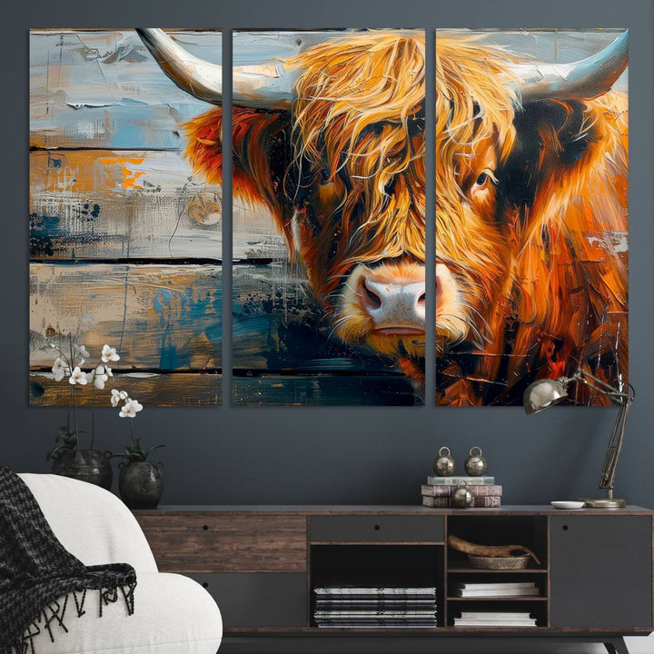 The dining room features Highland Cow Abstract Canvas Wall Art in a farmhouse rustic decor style.