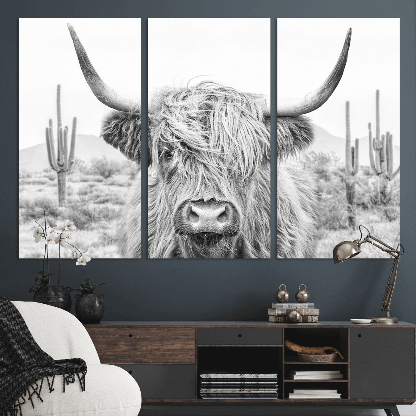 94579-MGV-CV-48X32-3P-Rustic Charm | Cow Longhorn Black White Bighorn Wall Art Canvas Print | Farmhouse Wall Art