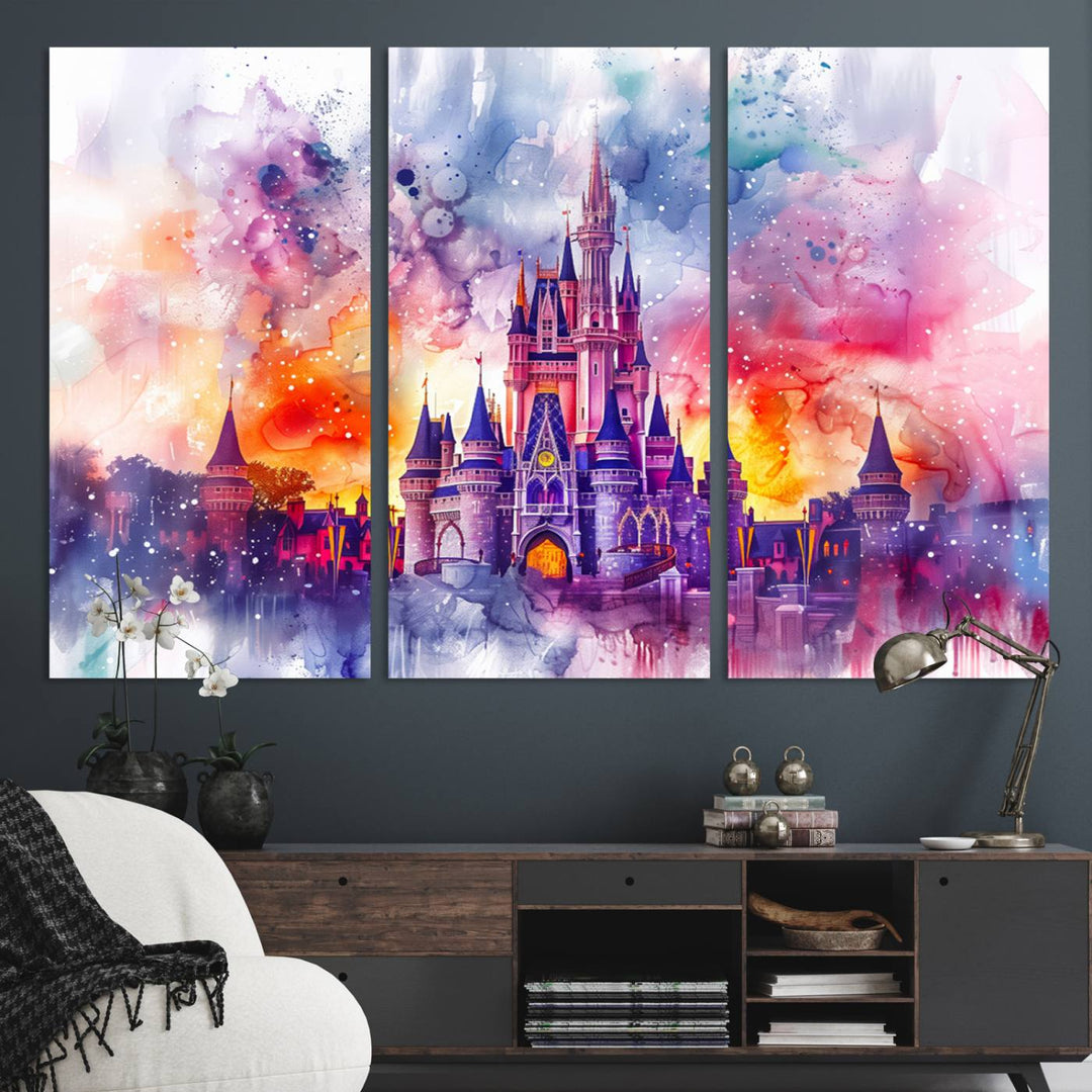 The watercolor Disney Wall Art showcases Cinderellas Castle in pink, purple, and orange hues.