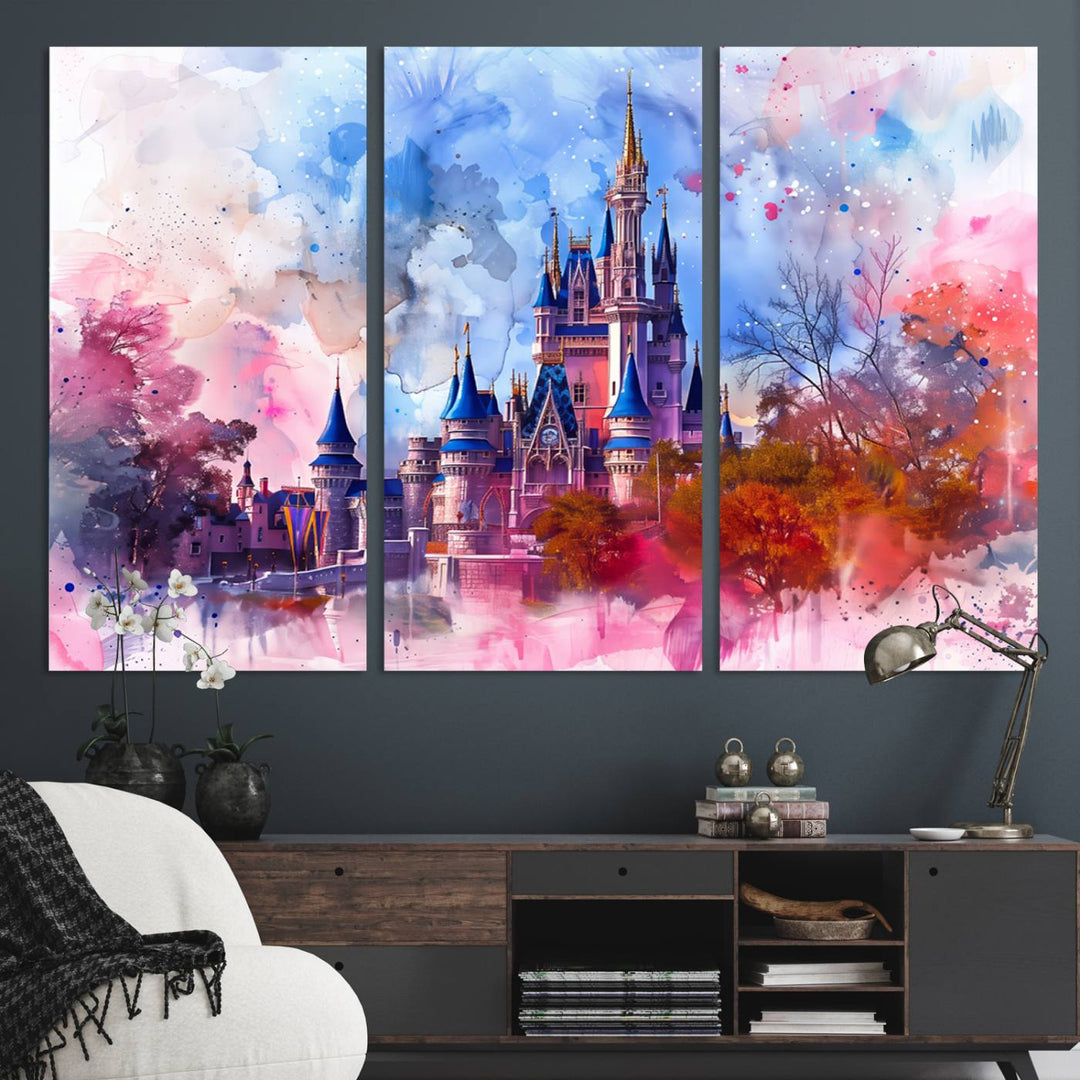 A Disney Wall Art: Dreamy Watercolor Cinderella Castle Canvas Print hangs prominently.