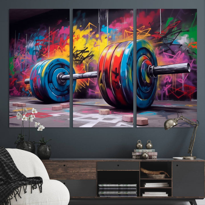 The Abstract Graffiti Barbell Canvas Wall Art is displayed on a porch.