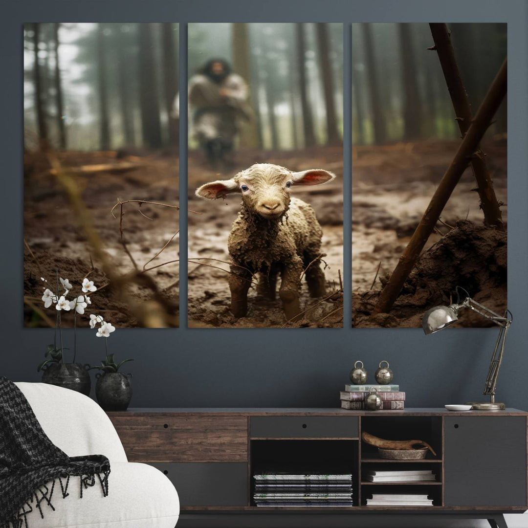 The Jesus Lost Lamb Canvas Wall Art features a heartwarming woodland scene, beautifully capturing the essence of serenity and grace.