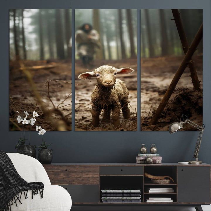 The Jesus Running After a Lost Lamb canvas wall art print depicts a lamb in a muddy forest.