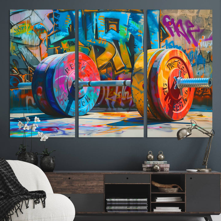 A Fitness Gym Barbell Graffiti Wall Art Canvas Print is displayed.