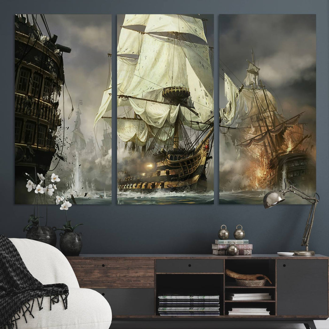 Featuring a dramatic Pirate Ship War Wall Art Canvas Print.