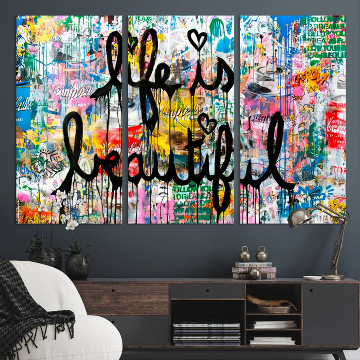 The Life Beautiful graffiti style canvas print is showcased in black script.