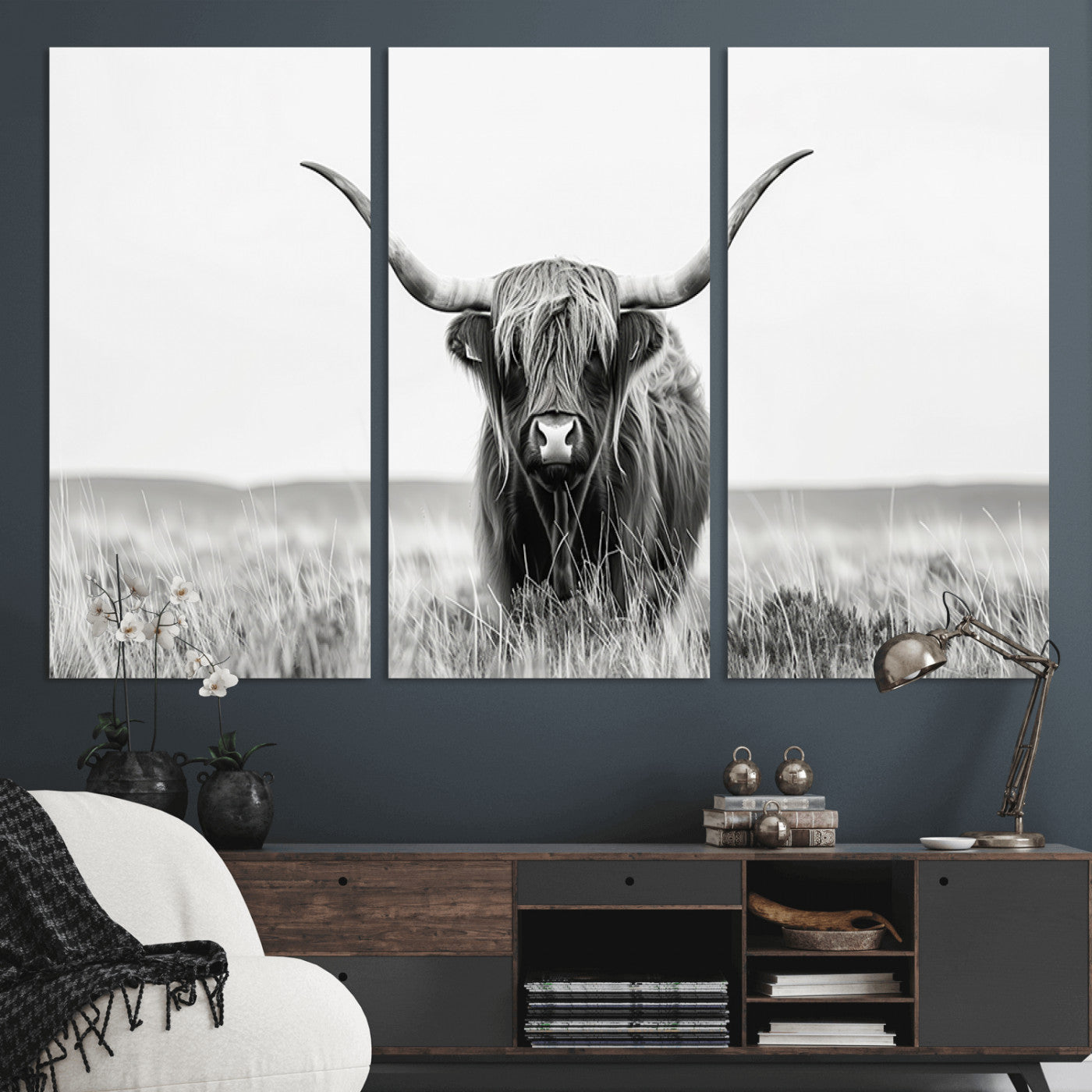 MGV-CV-48X32-3P - Highland Cow Canvas Wall Art – Majestic Beauty in Black and White – Ready to Hang