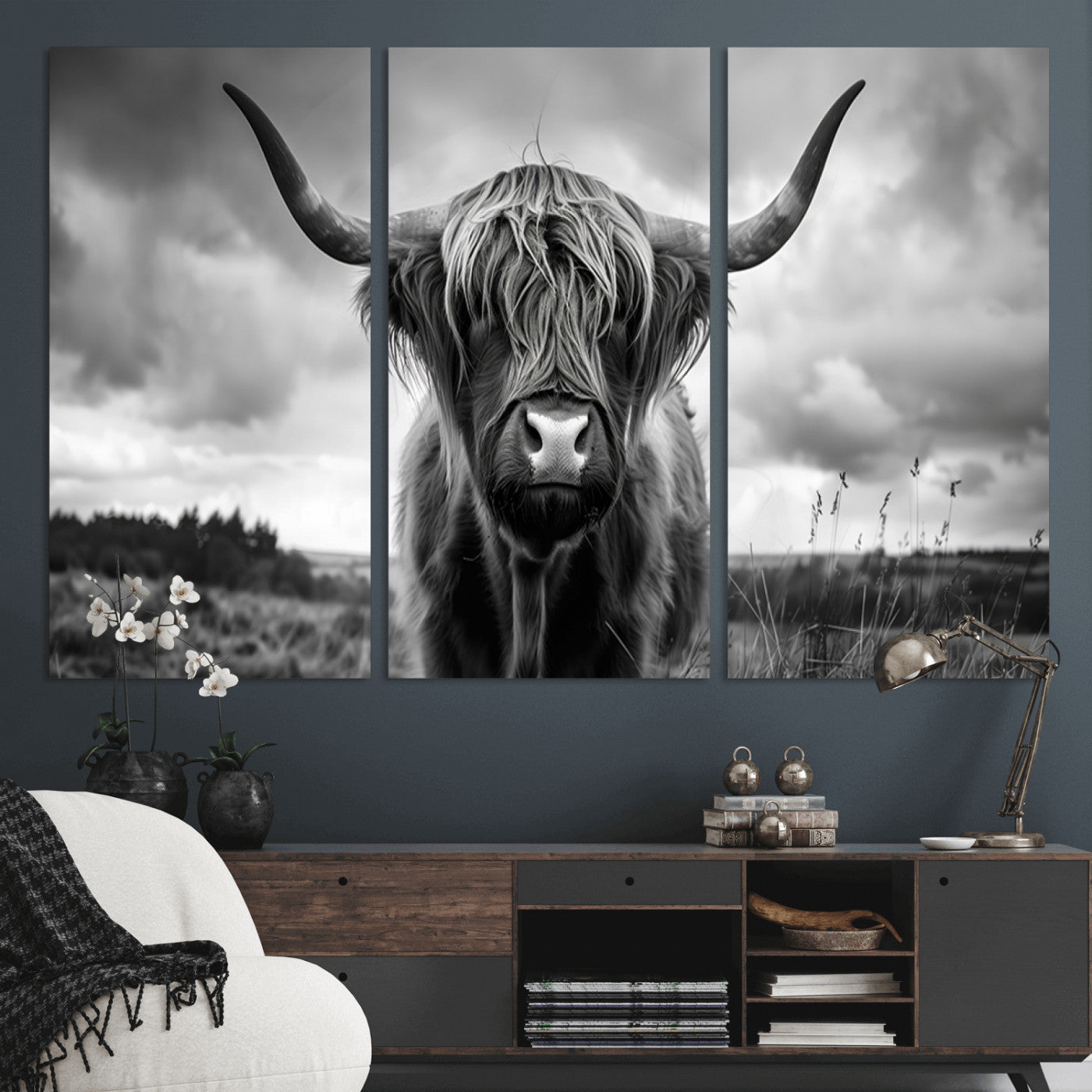 MGV-CV-48X32-3P - Scottish Cow Wall Art Canvas Print | Longhorn Wall Art | Bighorn Animal Wall Art