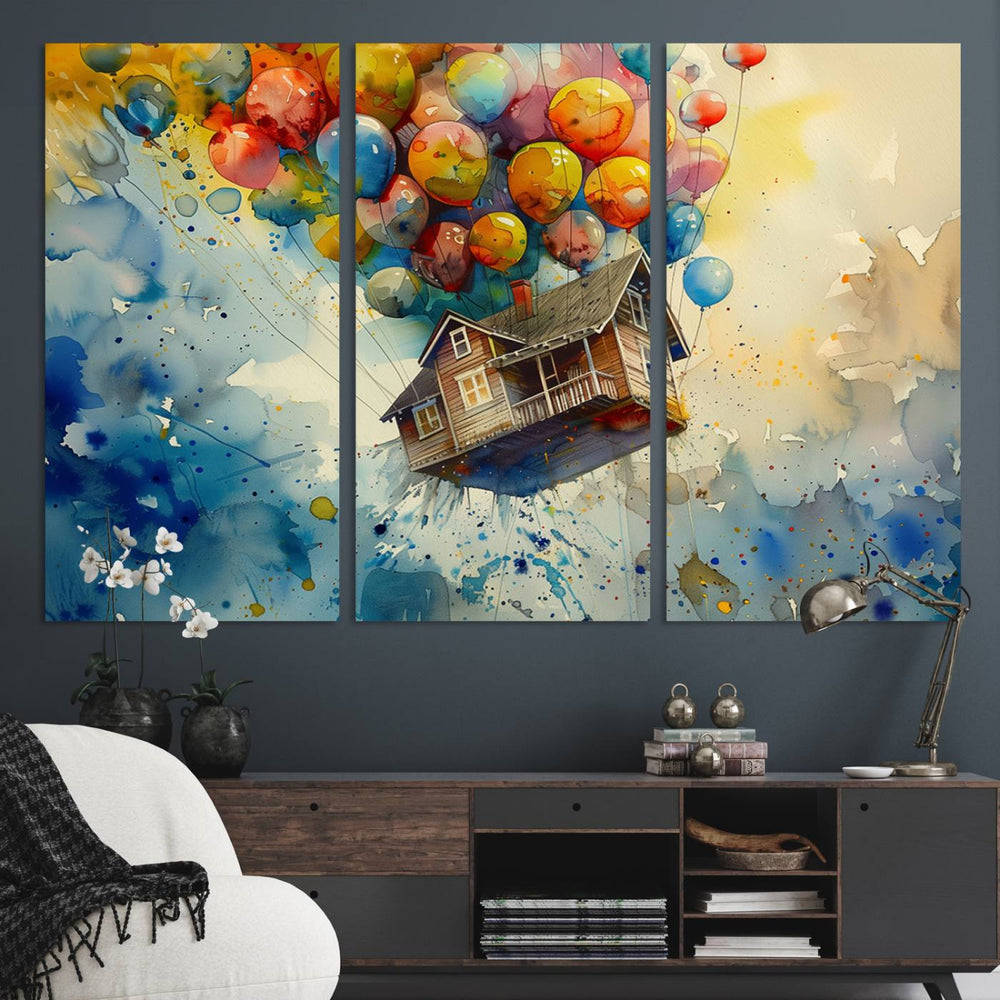 The UP-Inspired triptych canvas art adds whimsy with its colorful floating house and balloons.