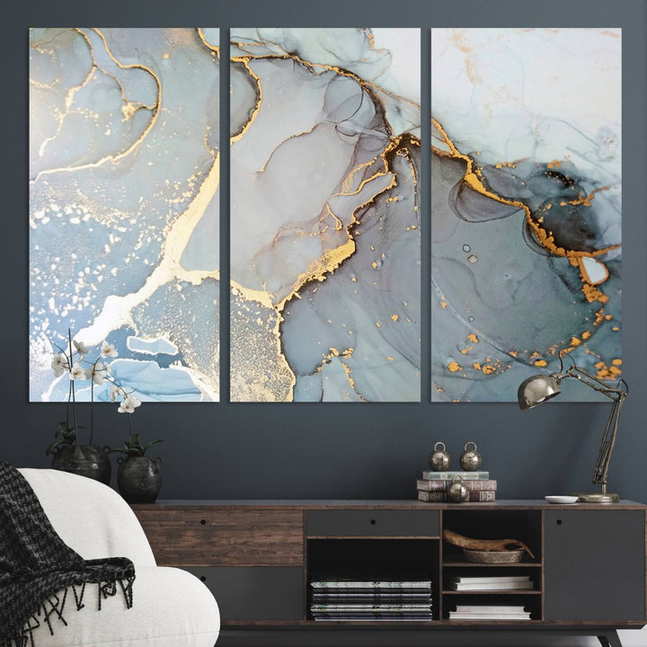 A blue and gold marbled Large Abstract Marble Wall Art Canvas Print hangs overhead.