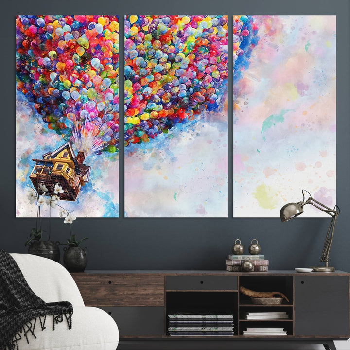 The Dont Look Up canvas wall art, featuring a house and balloons, brightens the kitchen wall.