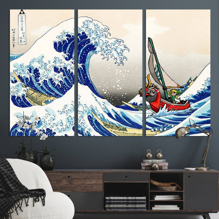 The Katsushika Hokusai Kanagawa Giant Wave Canvas print captures a vibrant sailing scene.