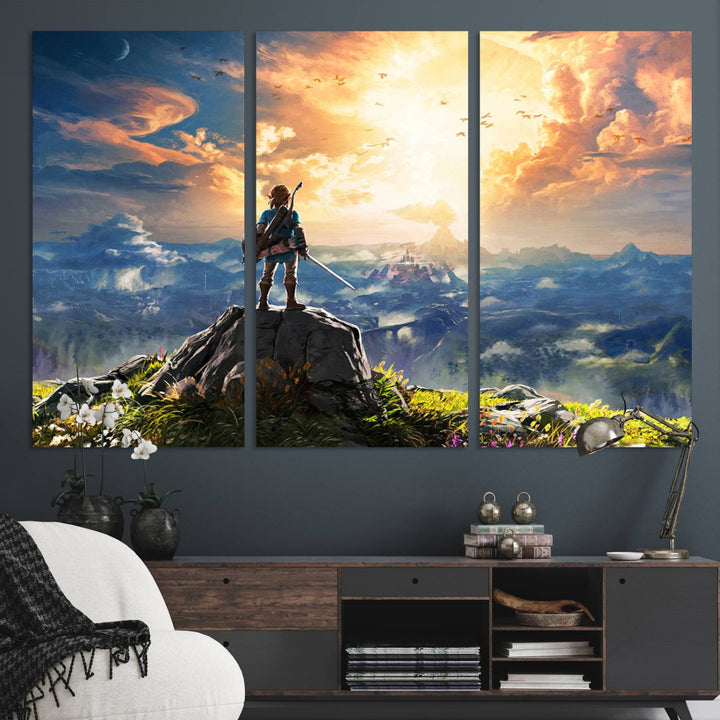 A vibrant Legend of Zelda Breath of the Wild canvas print depicts a figure standing on a rock with mountains and sky in the background.