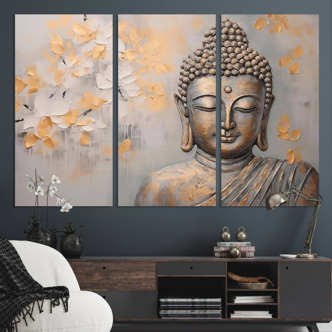 The serene dining room features Abstract Buddha Statue Wall Art.