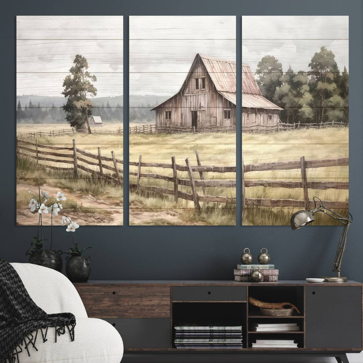 The wall is adorned with a Rustic Farmhouse Barn Wall Art.