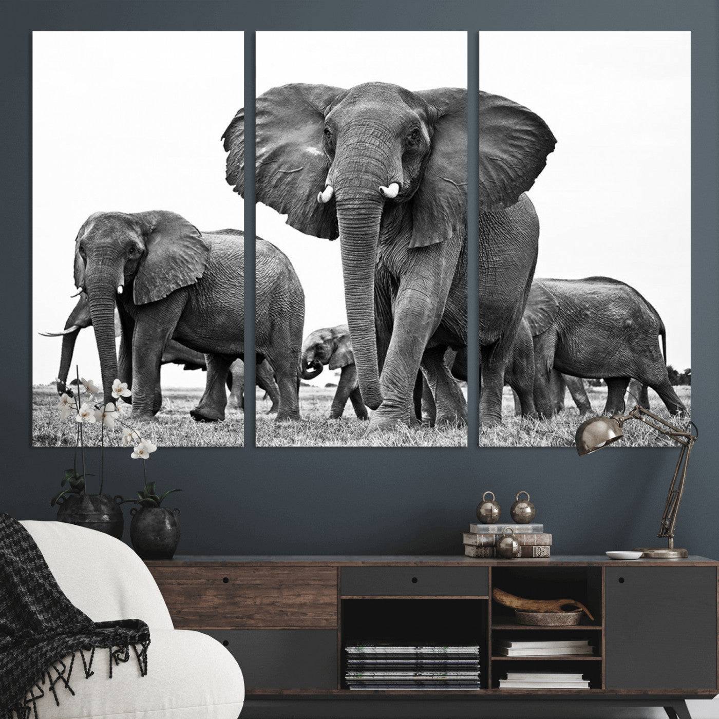 MGV-CV-48X32-3P - Black White Elephant Family Wall Art Canvas Print
