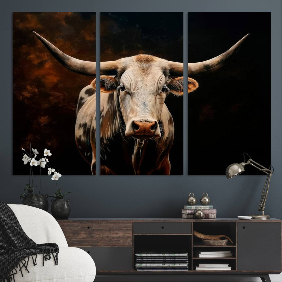 A large 3-panel Texas Longhorn canvas print dominates the space.