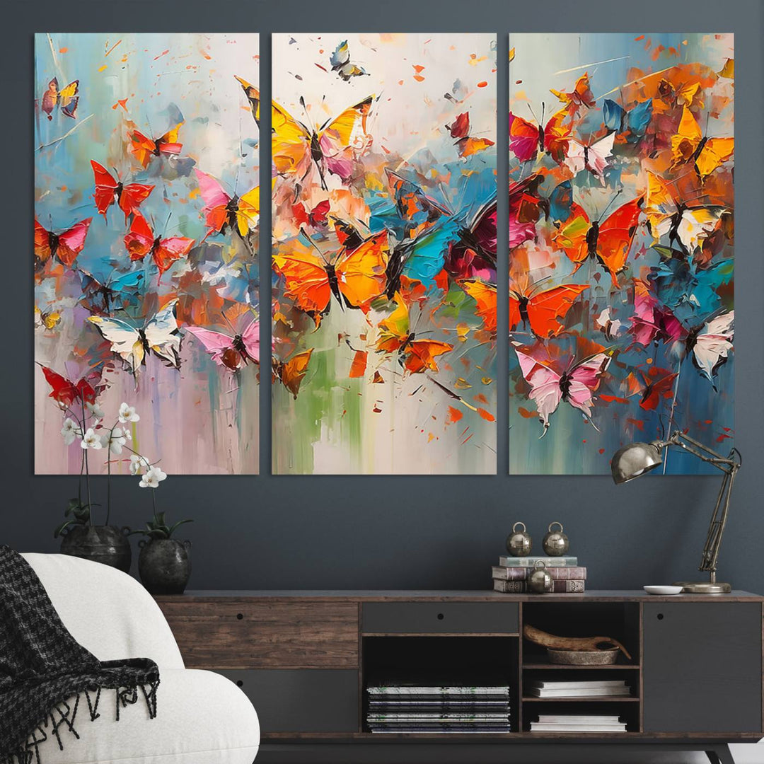 The Abstract Butterfly Wall Art Canvas Print hangs prominently, adding a touch of elegance and creativity to the room.