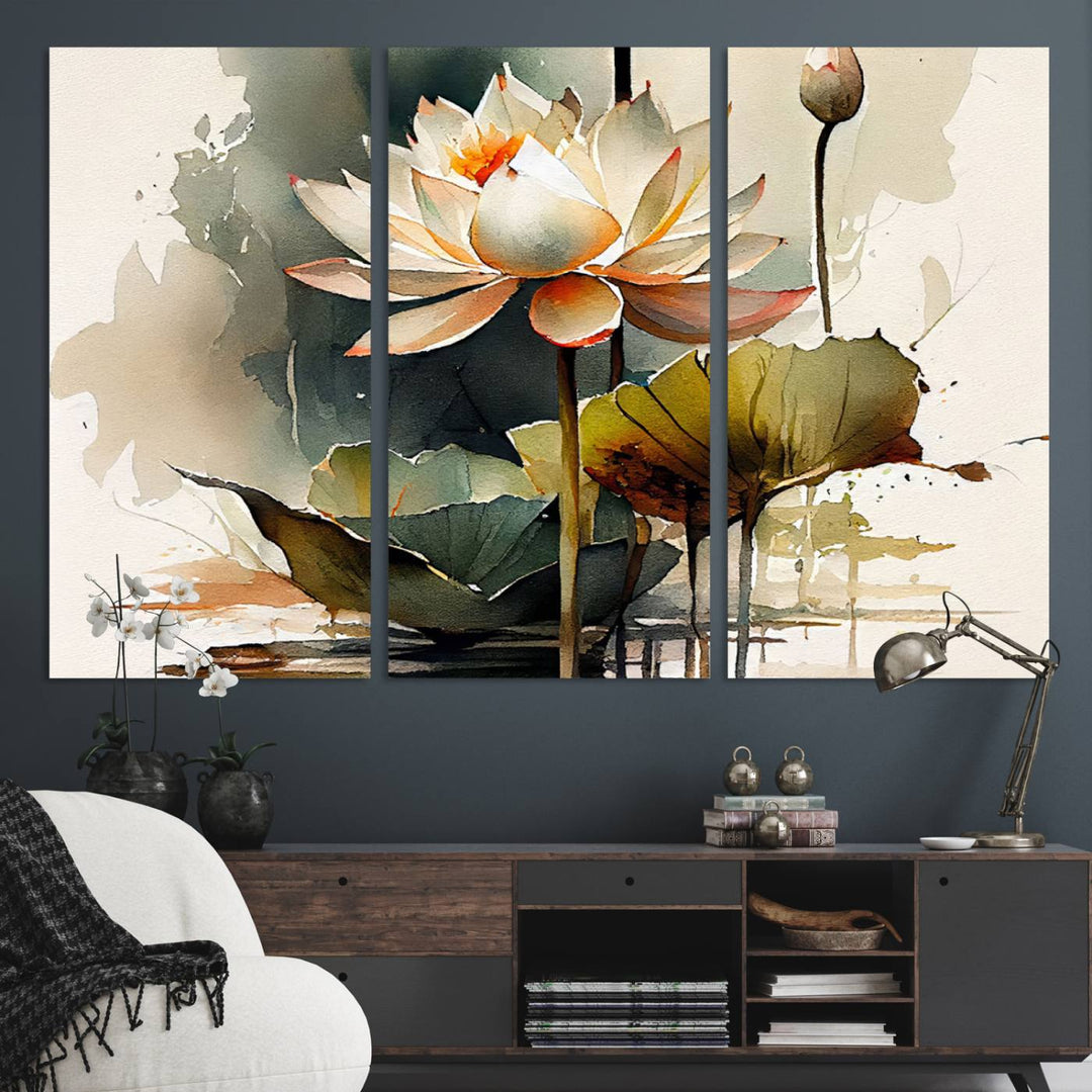 The Lotus Flower Watercolor Canvas enhances the decor with its modern charm.