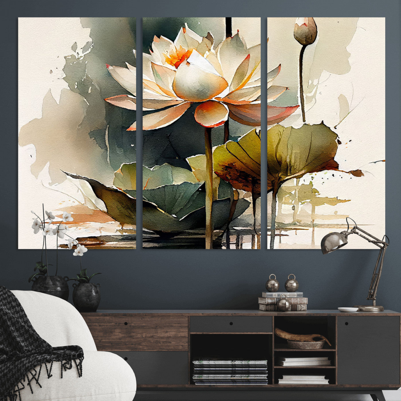 MGV-CV-48X32-3P - Lotus Flower Watercolor Canvas Print – A Symbol of Serenity and Growth, Captured in Soft Watercolors – Contemporary Wall Art for Tranquil Spaces