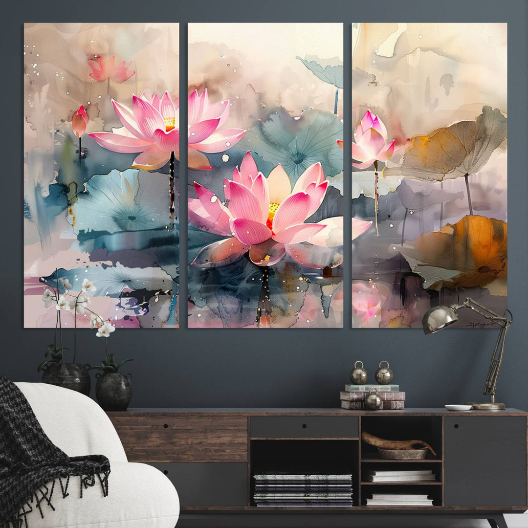 A pink lotus wall art adorns the space.