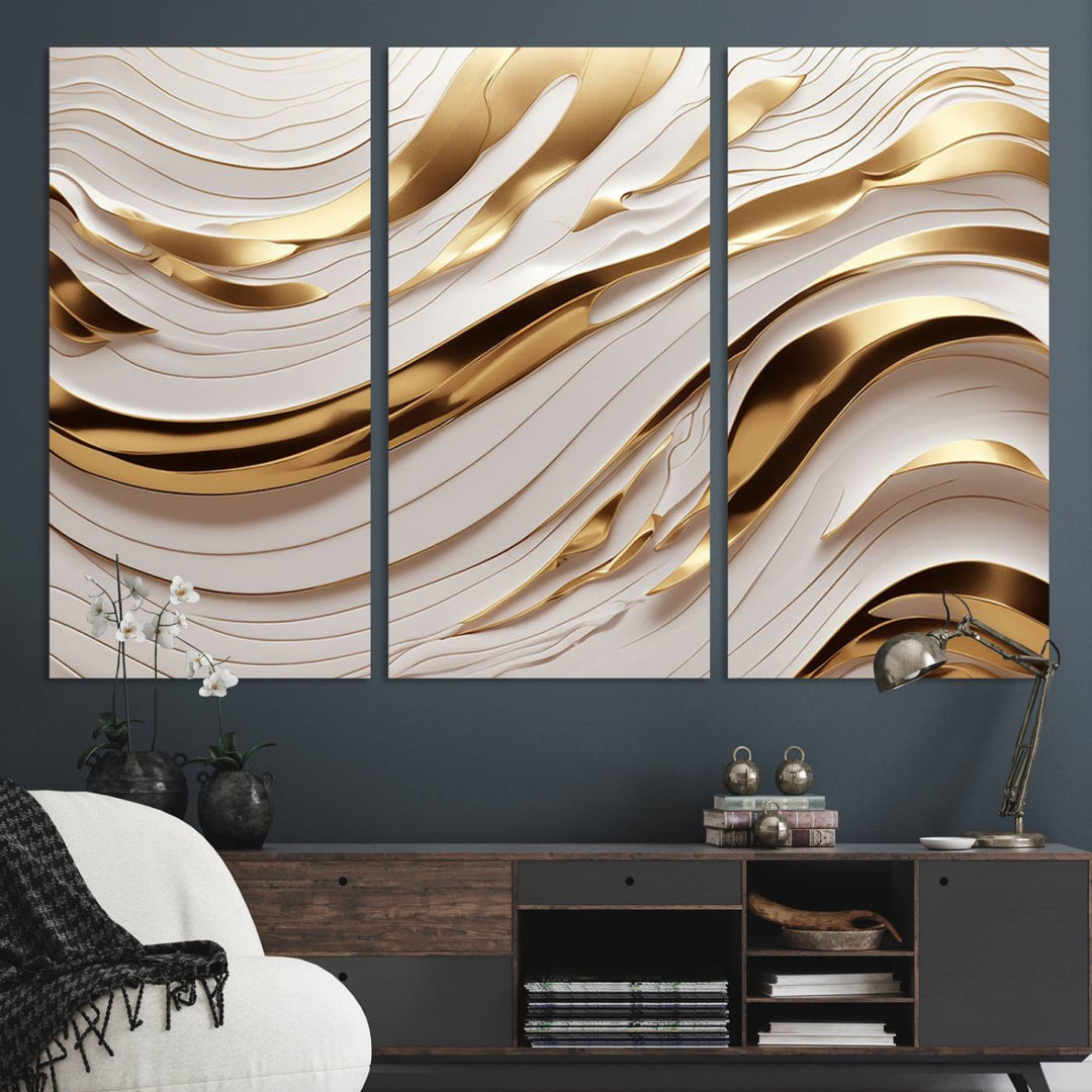 A Gold and White Abstract Wave Canvas with luxurious golden accents.