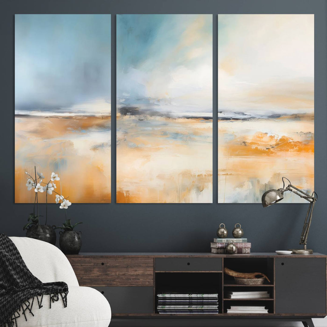 Abstract Landscape Wall Art in warm tones of orange and blue.