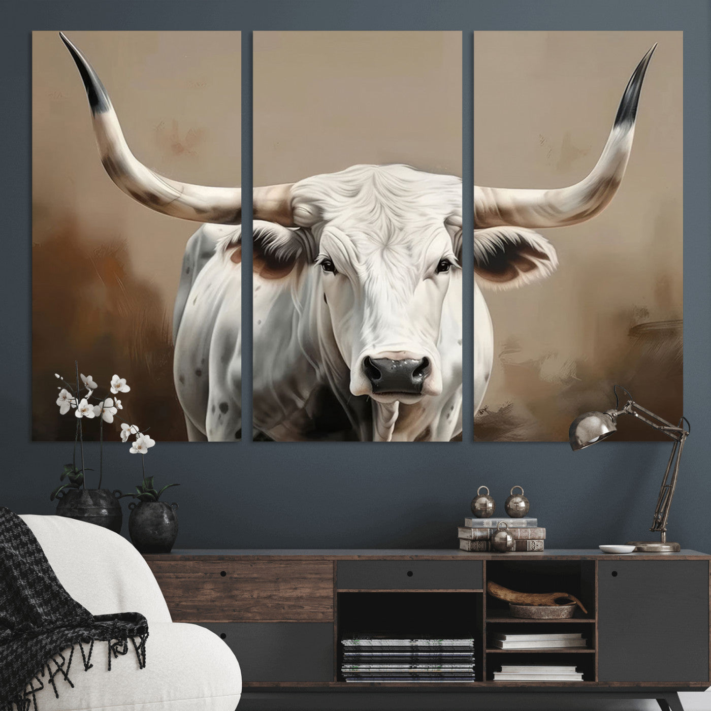 -White Longhorn Bull Wall Art Canvas Print – Framed and Ready to Hang – Perfect for Farmhouse and