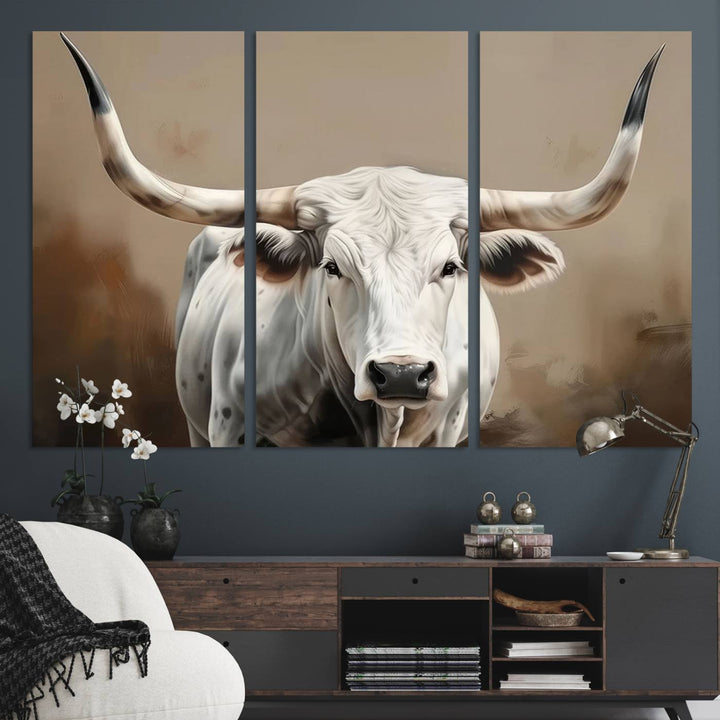 The kitchen features a striking canvas print of a Longhorn Bull.