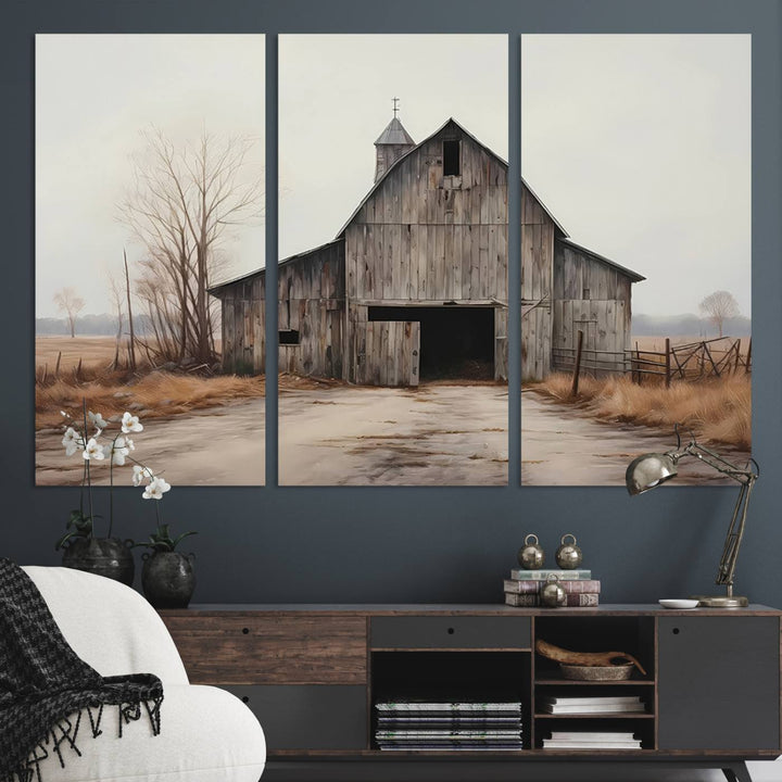 The Farmhouse Rustic Barn Wall Art Canvas Print, framed and ready to hang, enhances the farmhouse décor.