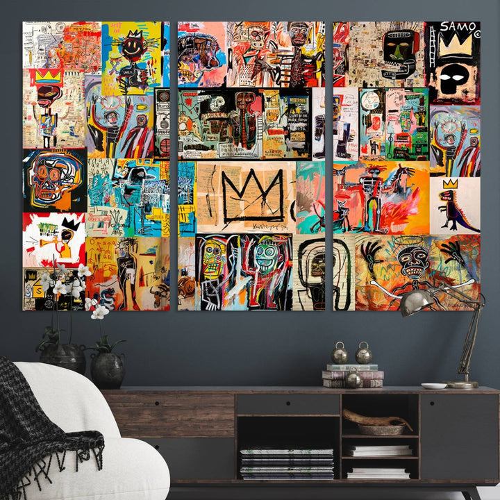 A Basquiat graffiti-style collage adorns the wall.