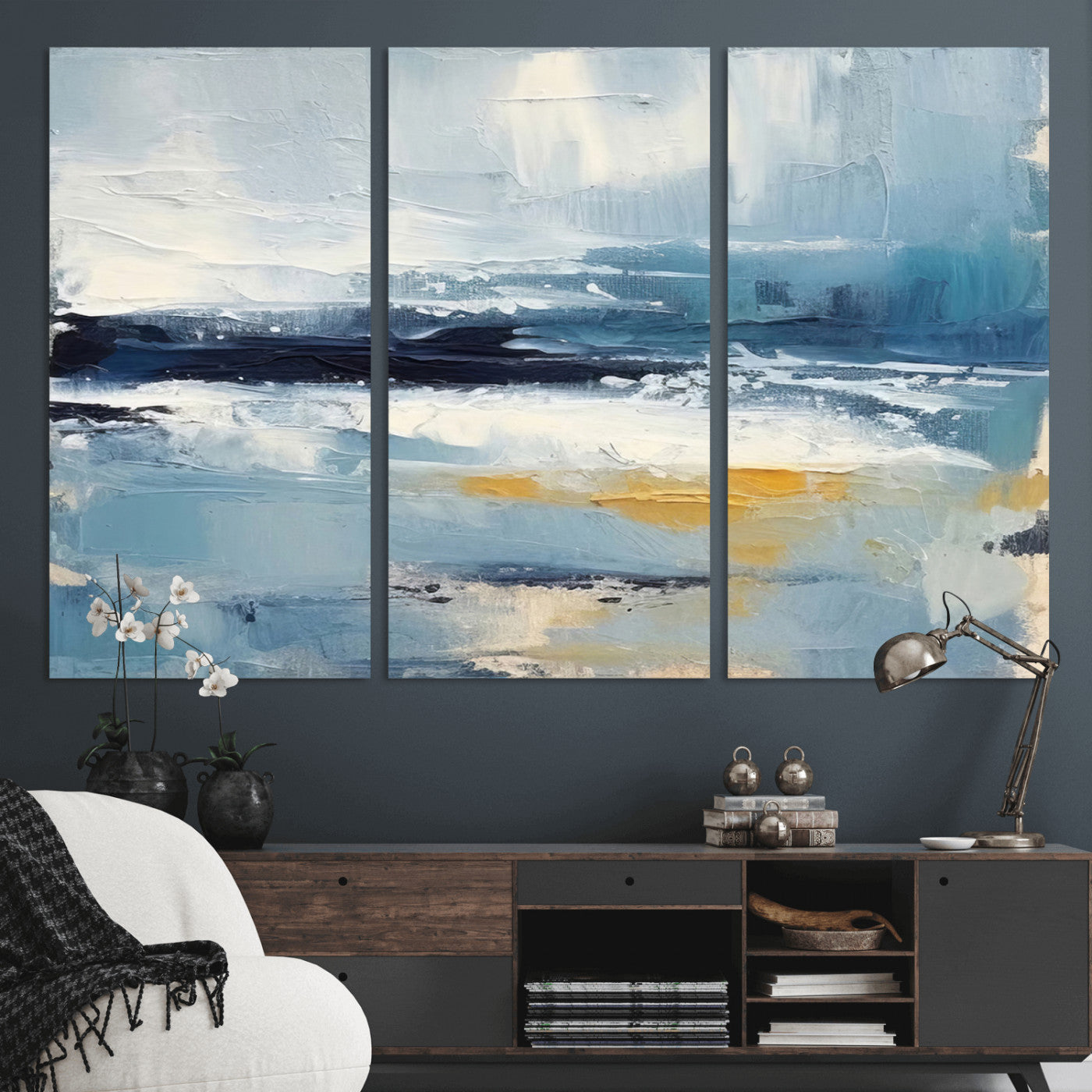MGV-CV-48X32-3P - Abstract Ocean Canvas Wall Art - Coastal Blue and Gold Textured Painting, Modern Seascape Decor for Living Room Decor