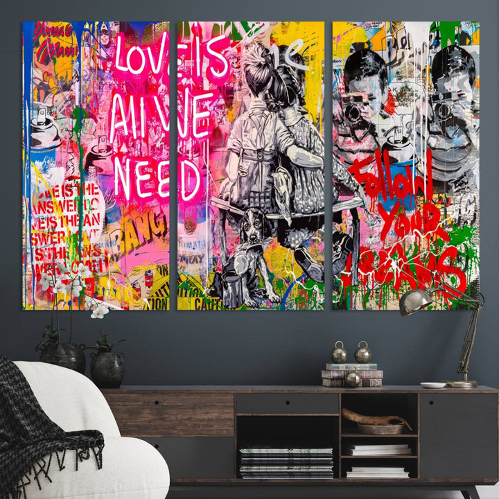 A vibrant and dynamic triptych features distorted horizontal lines, resembling graffiti street art. This artwork conveys the themes of "Follow Your Dreams" and "Love is All We Need" across three colorful panels.