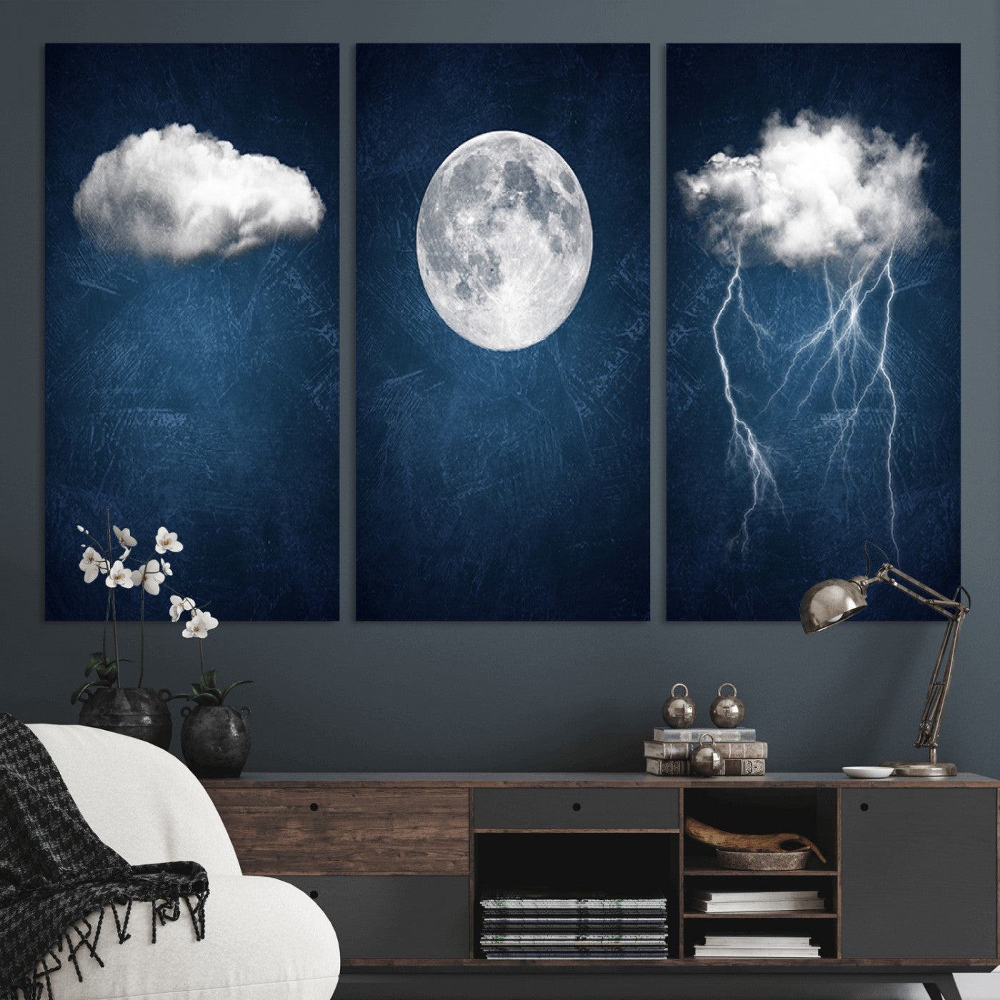 -Dark Blue Cloud Art, 3 Piece Indigo Blue Wall Art, Aesthetic Surreal Art, Thunderstorm Moon Cloud