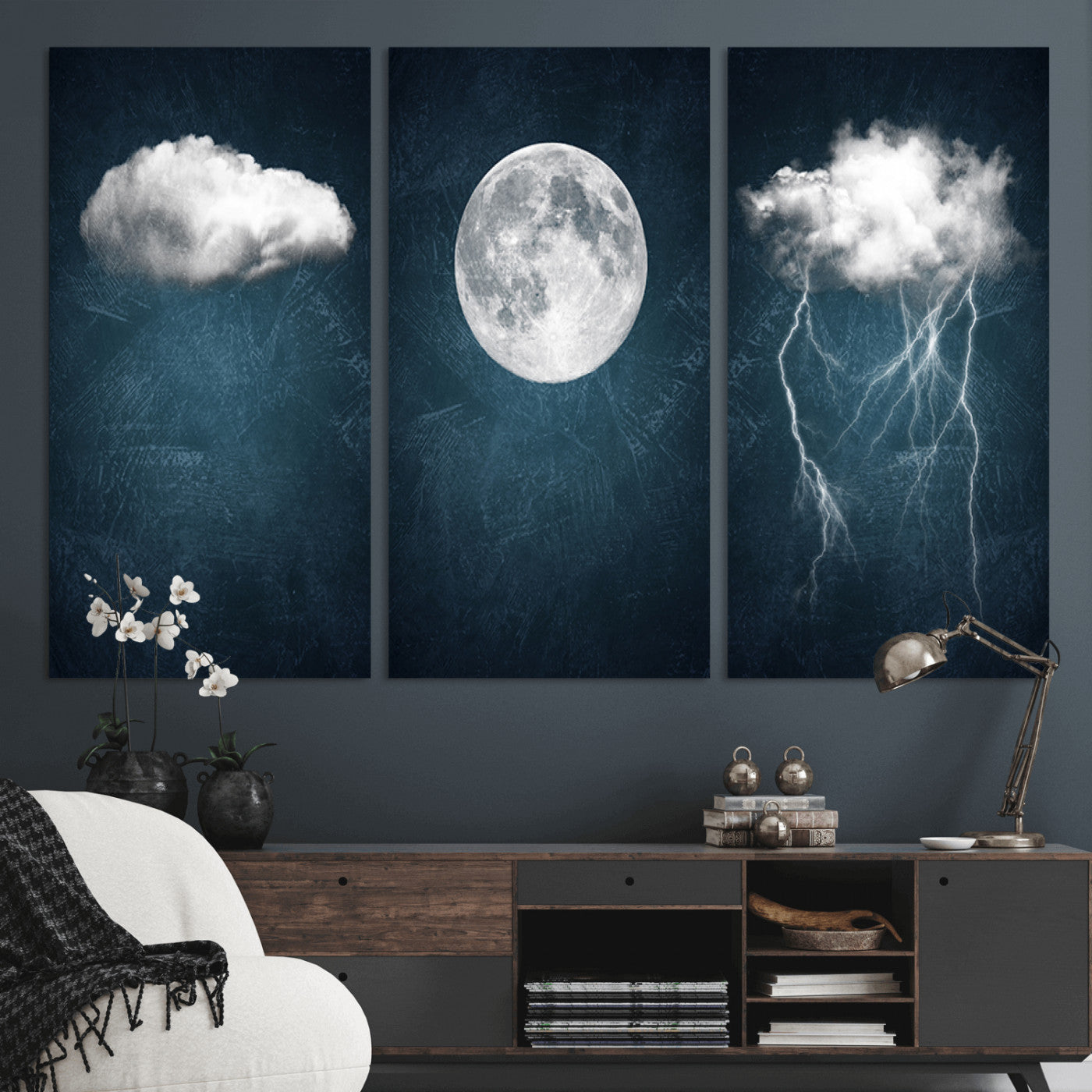 -3 Piece Indigo Cloud Wall Art, Thunderstorm Moon Cloud Artworks