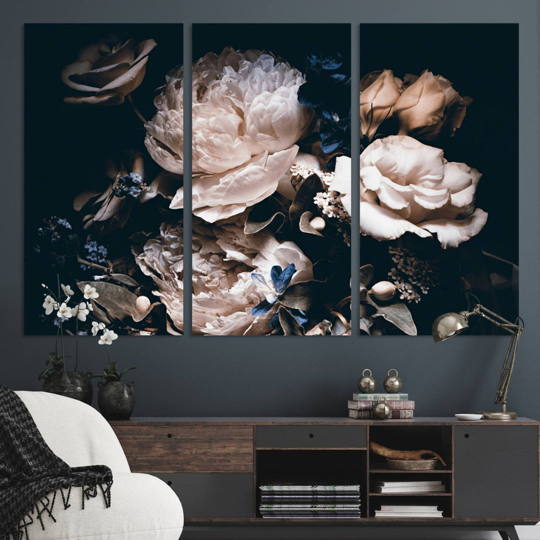 A large canvas art print of pink peonies flowers adds a vibrant touch to the space.