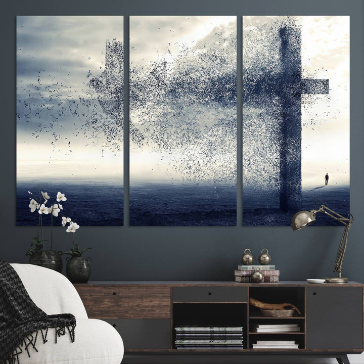 The Jesus and the Fading Cross wall art portrays a moody landscape.