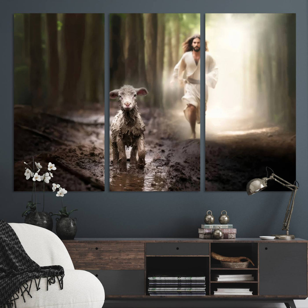 The Jesus Running After Lost Lamb canvas wall art adds a touch of spiritual significance.