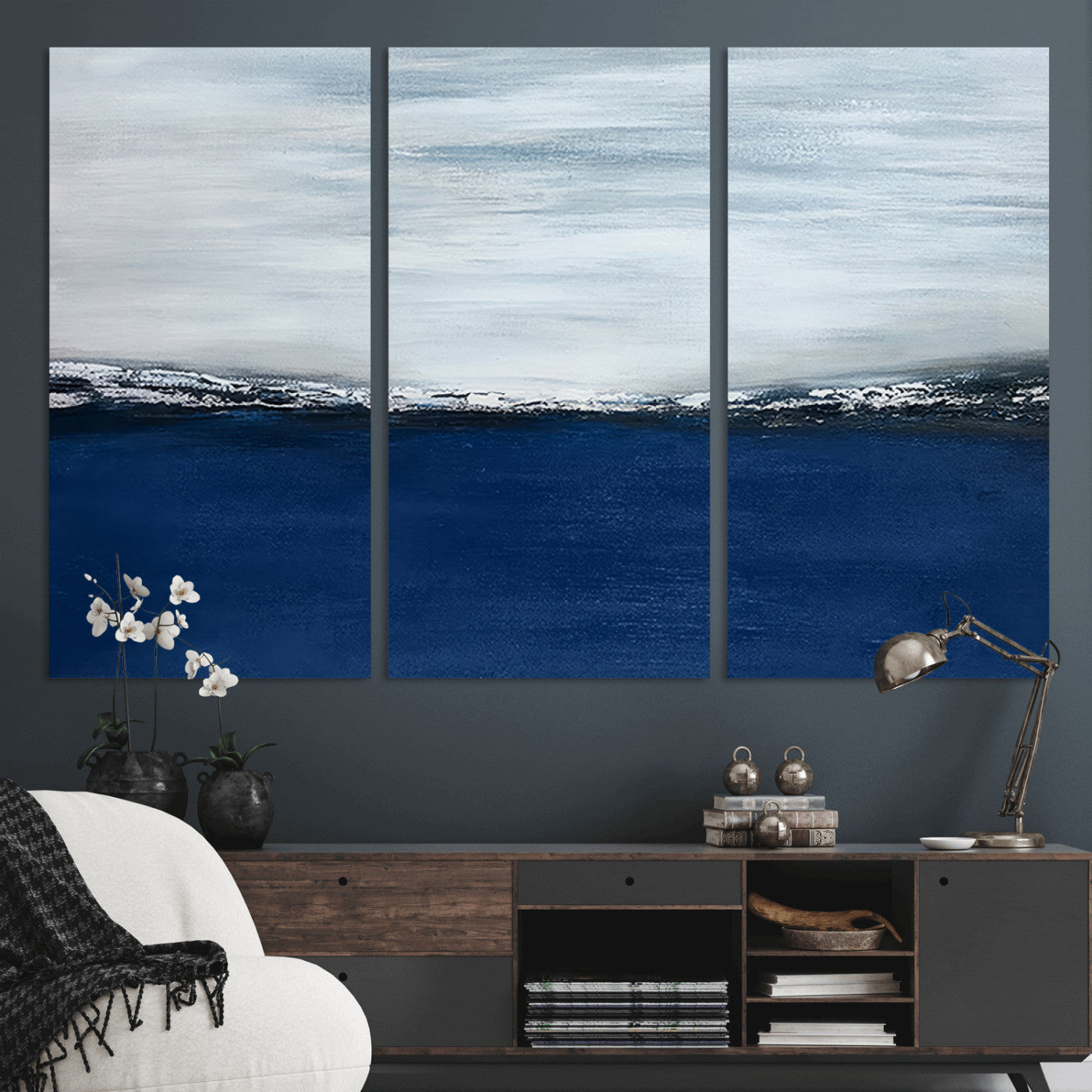 MGV-CV-48X32-3P - Navy Blue Abstract Wall Art Canvas Print