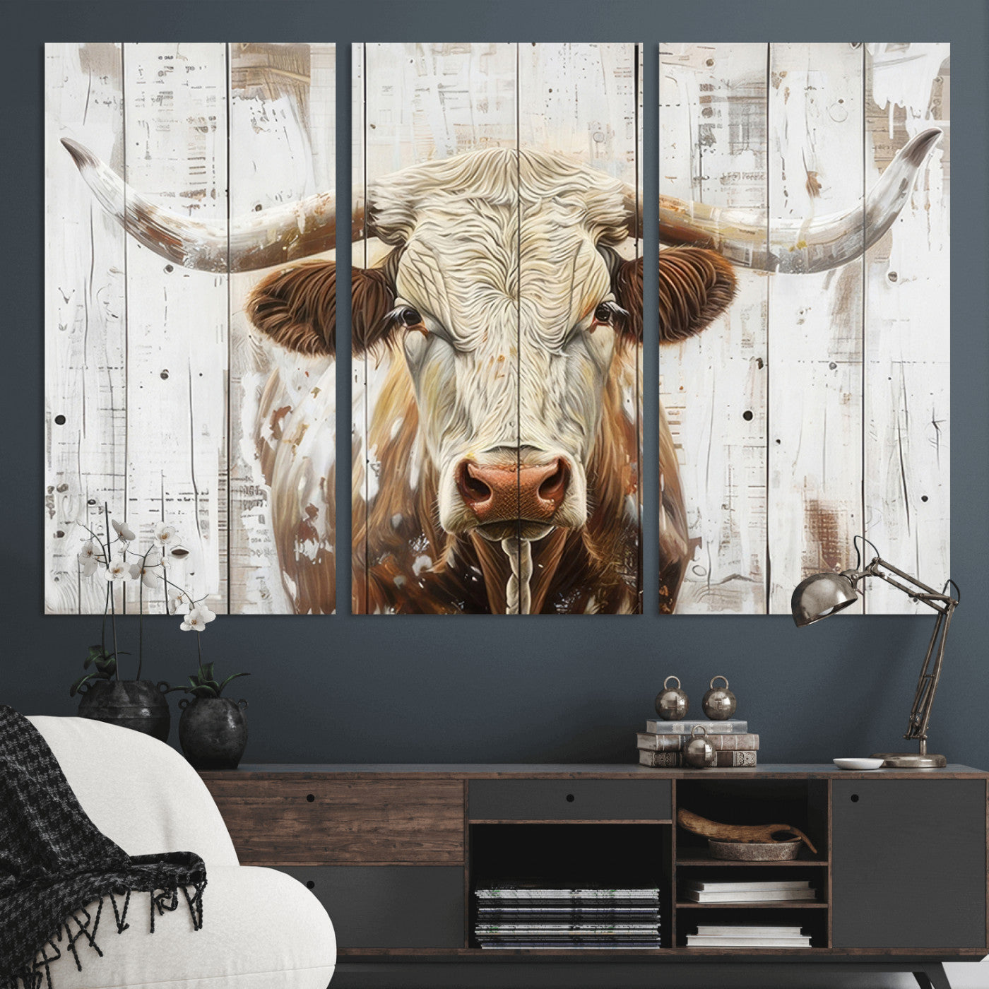 -Rustic Longhorn Bull Wall Art Canvas Set – Western-Inspired Farmhouse Décor - Ready to Hang