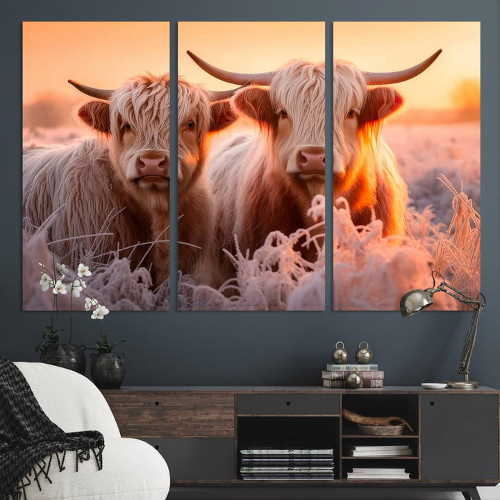 Highland Cows at Sunrise Wall Art adds serene rustic farmhouse charm.