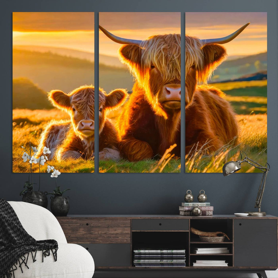 The Scottish Cow and Baby Cow Canvas Wall Art captures sunset fields.