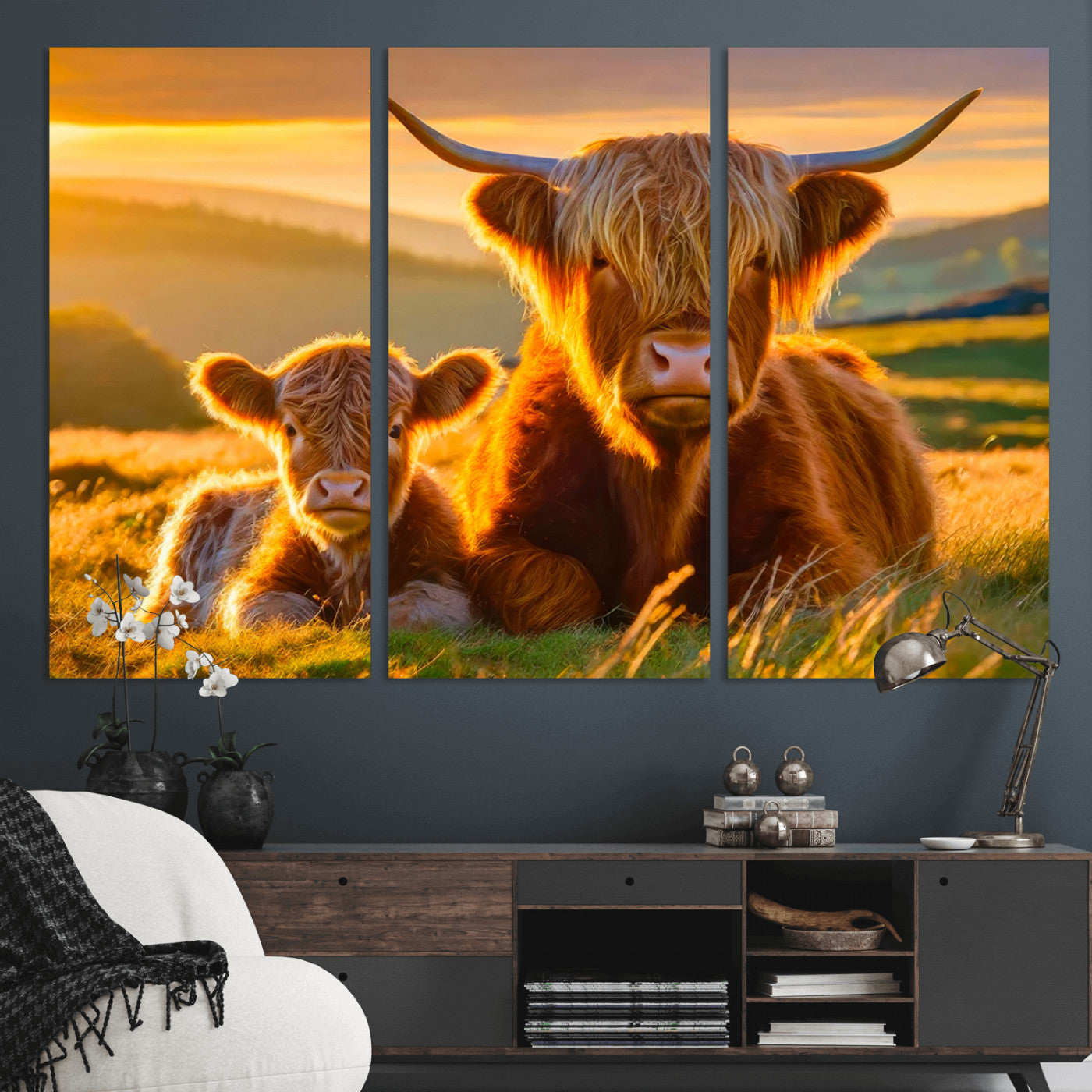 -Scottish Cow and Baby Cow Canvas Wall Art Animal Print Fluffy Cattle Framed Farmhouse Decor